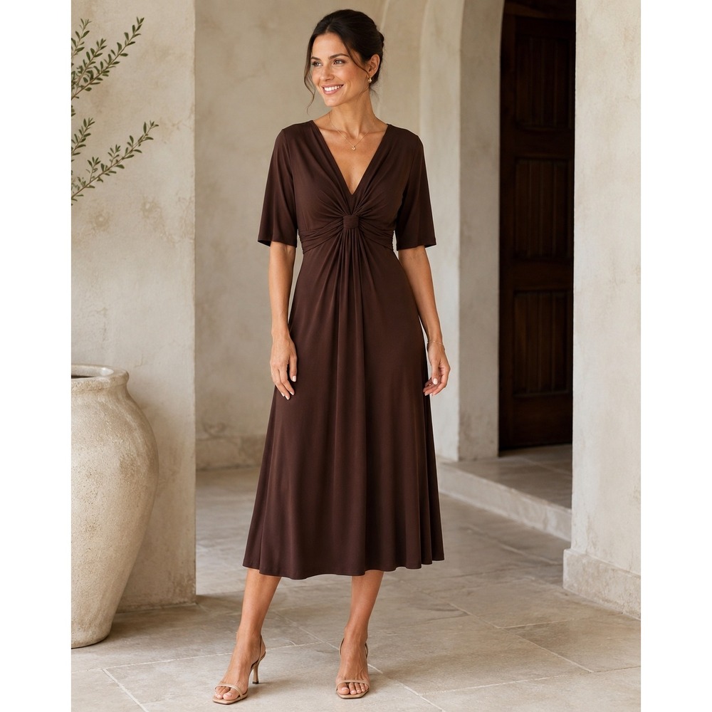 Jones‎ New York Dress Women 8 Brown V-Neck Knot Front Ruched Jersey Midi Dress